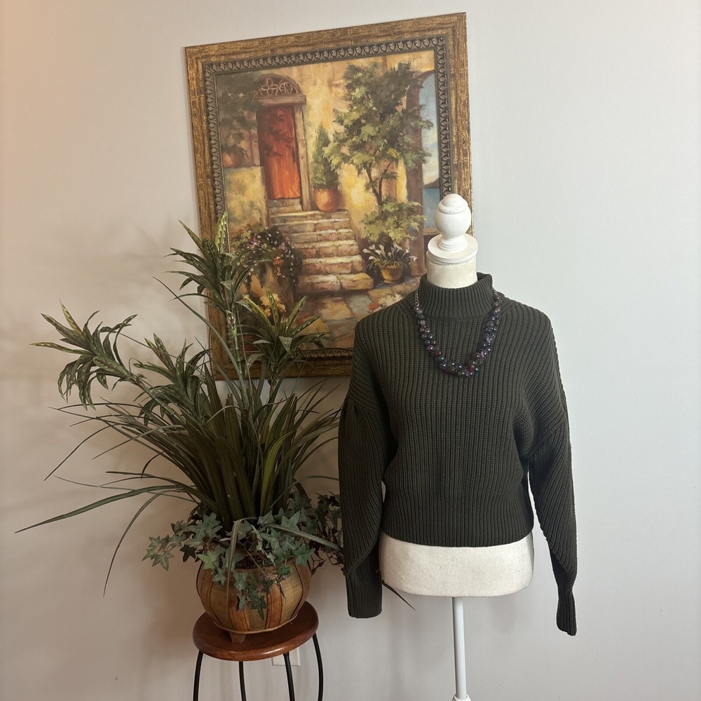 H & M Womens Crop Sweater Hunter Green Mock Neck Divided Chunky Knit  Sz X-Small